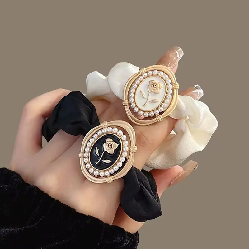 Luxury Leather Pearl Rose Hair Ring for Valentine's Day